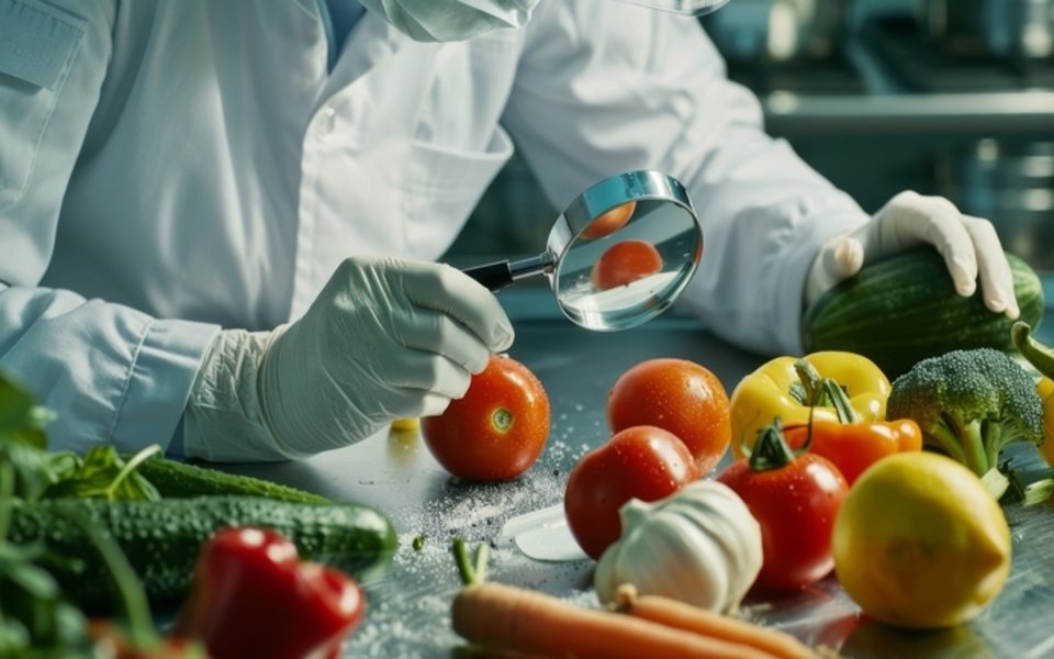 scientist meticulously examines fresh produce with magnifying glass highlighting precision care food safety quality control 720