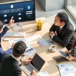 Professionals reviewing cybersecurity data, applying ISO 27001 for data security in a tech firm in Malaysia.